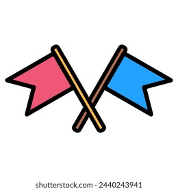 Crossed paper Party flags, birthday symbol. Simple style of festive paper flags for design of children entertainment center. Color stroke icon isolated on white background