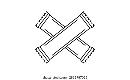 Crossed paper sugar sachet packets outline icon representing sweet sugar or coffee stick on a white background.