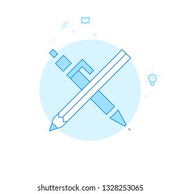 Crossed Pen and Pencil Flat Vector Icon. Writing, Authors, Education Related Illustration. Light Flat Style. Blue Monochrome Design. Editable Stroke. Adjust Line Weight. Design with Pixel Perfection.