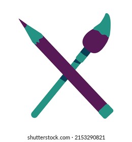 Crossed pencil and brush semi flat color vector object. Full sized item on white. Tools for painters. Artist stationery. Simple cartoon style illustration for web graphic design and animation