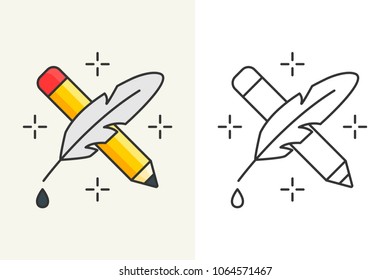 Crossed pencil with feather vector icon editable stroke