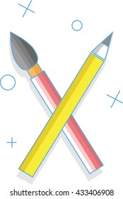 Crossed pencil with paint brush flat  style vector icon. Vector illustration 