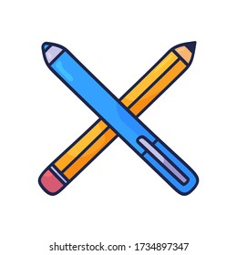 Crossed pencils hand drawn doodle icon, outline vector sign, linear style pictogram isolated on white. Design symbol, logo illustration.