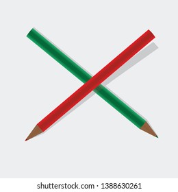 Crossed pencils isolated on white background. One pencil is on the other. Shadow. Vector illustration.