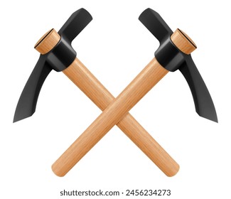 Crossed pickaxe hammers isolated on white background. Hand percussion tool for master stonemasons, builders, sculptors for processing various types of stone. Realistic 3D vector illustration