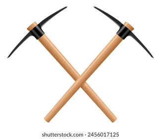 Crossed pickaxe hammers or pick axe isolated on white. Geological rock pick hammer. Hand percussion tool for master stonemasons, builders, sculptors for processing of stone. Realistic 3D vector