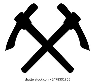 Crossed pickaxe hammers silhouette, isolated on white background. Hand percussion tool for master stonemasons, builders, sculptors for processing various types of stone. Black icon vector illustration