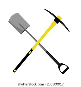 Crossed pickaxe and shovel symbol vector illustration. Digger equipment