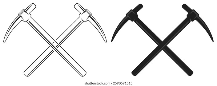 Crossed Pickaxes Black and White Vector Design. Isolated On Transparent Background.
