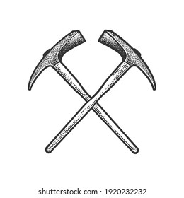 Crossed pickaxes tools sketch engraving vector illustration. T-shirt apparel print design. Scratch board imitation. Black and white hand drawn image.