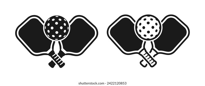 Crossed Pickleball Racket and Ball Icons In Glyph Style, Two Variants