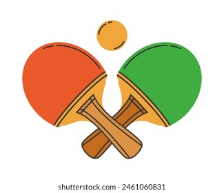 Crossed ping pong rackets and ball, vector icon. Wooden bats, yellow plastic ball for playing table tennis. Sports equipment for training, competitions, championships. Game symbol. Isolated on white
