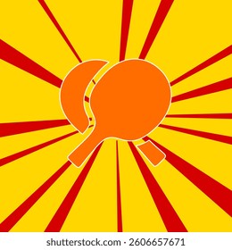 Crossed ping pong rackets symbol on a background of red flash explosion radial lines. A large orange symbol is located in the center of the sunrise. Vector illustration on yellow background