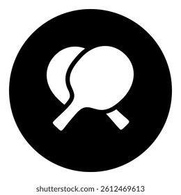A crossed ping pong rackets symbol in the center. Isolated white symbol in black circle. Vector illustration on white background