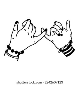 Crossed pinky vector icon. Two female hands are held by little fingers. Symbol of promise, swear, support. Gesture of romantic relationship. Simple doodle isolated on white. Clipart for cards, prints