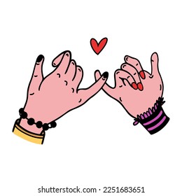 Crossed pinky vector icon. Two female hands are held by little fingers. Symbol of promise, swear, support. Romantic relationship gesture. Colored doodle isolated on white. Flat cartoon clipart