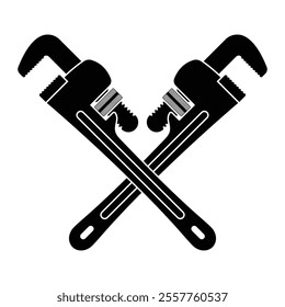 Crossed pipe wrench vector icon. Plumbing tool, gas pipe fitting and repair work symbol. Adjustable wrench for maintenance. Black silhouette isolated on white background.