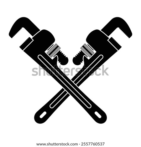 Crossed pipe wrench vector icon. Plumbing tool, gas pipe fitting and repair work symbol. Adjustable wrench for maintenance. Black silhouette isolated on white background.