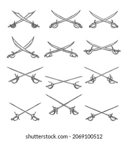 Crossed pirate sabers, swords, epee sketches. Vector military weapon cross, hand drawn pirate ancient map elements, musketeer skewers isolated on white. Engraved cold steel arms set