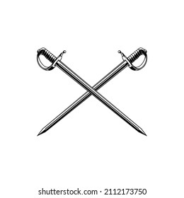 Crossed pirate sabers, swords, epees vector icon. Vintage military weapon cross, cold steel arms design elements, monochrome musketeer skewers isolated on white background