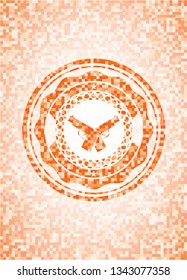 crossed pistols icon inside abstract emblem, orange mosaic background