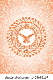 crossed pistols icon inside abstract emblem, orange mosaic background