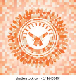 crossed pistols icon inside abstract orange mosaic emblem with background