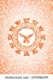 crossed pistols icon inside abstract orange mosaic emblem