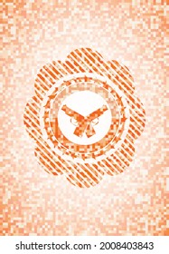 gekreuzte Pistolen Symbol in abstraktem Emblem, orangefarbener Mosaikhintergrund. 