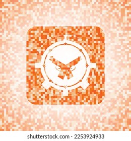 icono de pistolas cruzadas dentro del emblema abstracto de mosaico naranja. 