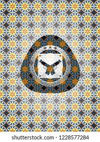 crossed pistols icon inside arabesque badge. arabic decoration.