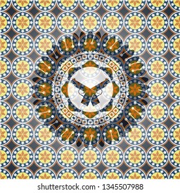crossed pistols icon inside arabesque badge background. arabic decoration.