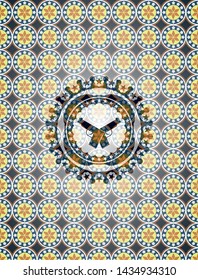 crossed pistols icon inside arabesque badge background. arabic decoration.