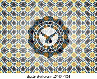 crossed pistols icon inside arabesque badge background. arabic decoration.
