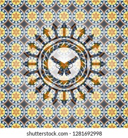 crossed pistols icon inside arabic emblem. Arabesque decoration.