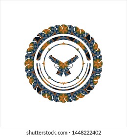 crossed pistols icon inside arabic style badge. Arabesque decoration.