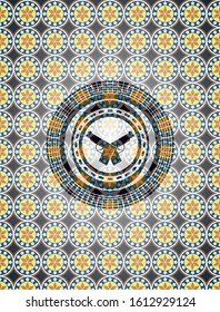 crossed pistols icon inside arabic style emblem. Arabesque decoration.