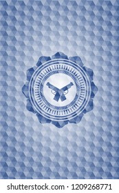 crossed pistols icon inside blue badge with geometric pattern background.