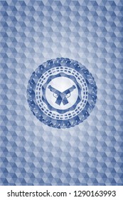 crossed pistols icon inside blue badge with geometric pattern background.