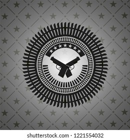 crossed pistols icon inside dark emblem. Retro