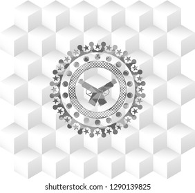 crossed pistols icon inside grey emblem. Vintage with geometric cube white background