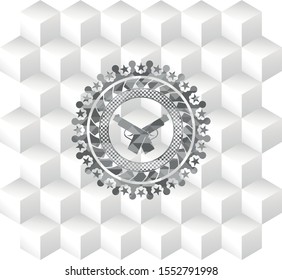 crossed pistols icon inside grey emblem with cube white background