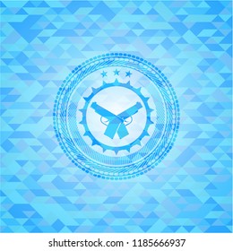 crossed pistols icon inside light blue emblem with mosaic ecological style background