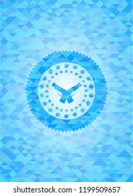 crossed pistols icon inside light blue emblem with mosaic ecological style background