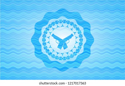 crossed pistols icon inside light blue water badge background.