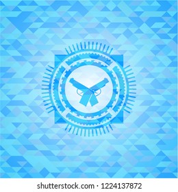crossed pistols icon inside light blue emblem with mosaic background