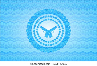 crossed pistols icon inside light blue water wave emblem background.