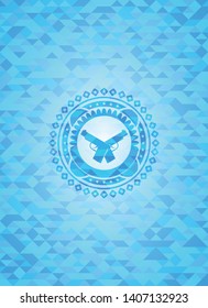 crossed pistols icon inside light blue emblem with mosaic ecological style background