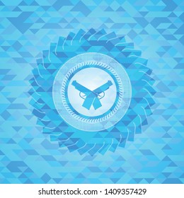 crossed pistols icon inside light blue emblem. Mosaic background