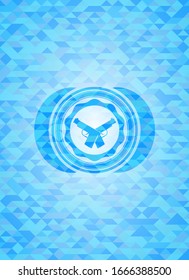 crossed pistols icon inside light blue emblem. Mosaic background